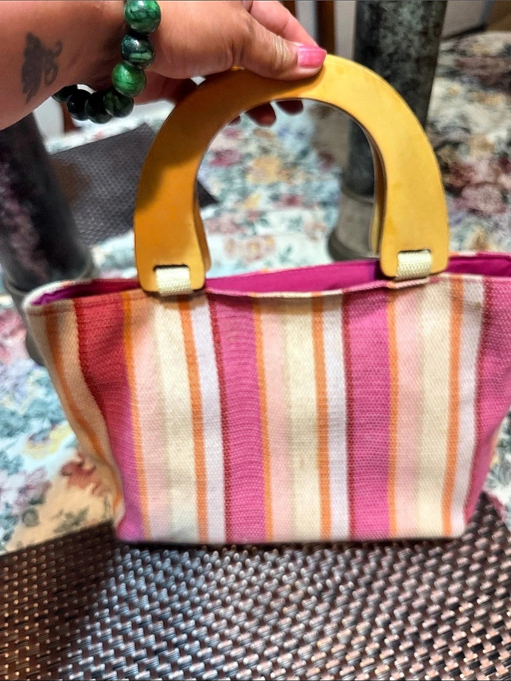 Neiman Marcus Striped Woven Tote Bag with Wooden Handles Pink & Orange